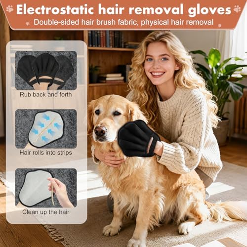 Pet Hair Removal Glove for Cat & Dog, Electrostatic Pet Hair Remover Tool for Furniture, Couch, Laundry, Carpet | Upgraded 5-Finger Washable, Quick Dog & Cat Fur Remover, Black+Black
