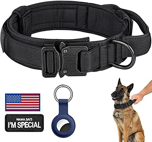 DAGANXI Tactical Dog Collar, Adjustable Military Training Nylon Dog Collar with Control Handle and Heavy Metal Buckle for Medium and Large Dogs, with Patches and Airtags Case (L, Black)