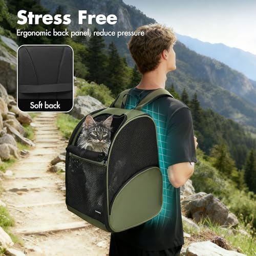 Pet Backpack Carrier, Large Cat Carrier Backpack Up to 20 Lbs with Breathable Mesh, for Medium Large Cats or Small Dogs, Travel Hiking Camping Backpack (DarkGreen-XL)