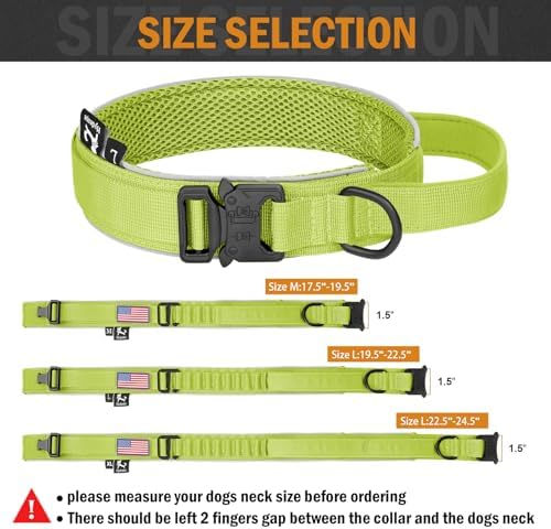 HYDEME Tactical Dog Collar, Alpine Loop Adjustable Military Training Nylon Dog Collars with Handle and Reflective for Small Medium Large Dogs, with Airtags Protective Case & Patches.(L,GrassGreen)