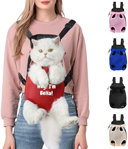 Personalized Dog Carrier Backpack with Name Embroidery, Adjustable Front-Facing Legs-Out Design, Custom Dog Carrier Bag with Breathable Tail Hole & Chest Support for Small/Medium Dogs (Red, Medium)