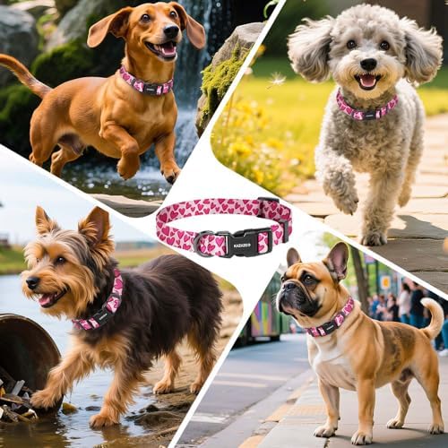 Kazazoo Dog Collar Cute and Soft Nylon Puppy Collar Girl Dogs, Adjustable Dog Collars for Extra Small Dogs, Hot Pink Heart-XS