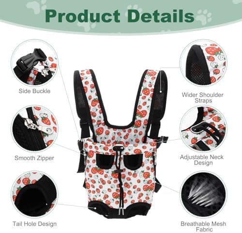 Front Pet Carrier Backpack for Small Dogs/Cats Up to 5.5-8.8 lbs, Adjustable Breathable Dog Carrying Backpack, Medium, (Strawberry, 1 Pcs) Intended for Hiking/Camping/Traveling