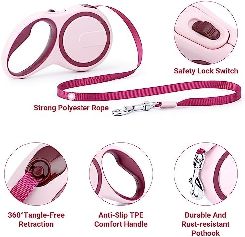 Segarty Dog Retractable Leash, 16ft Heavy Duty Walking Dog Leash for Medium Small Pet up to 44lb, Anti-Slip Handle 360°Tangle-Free Nylon Tape, 1-Handed 1 Button Lock and Release (Pink Wine)
