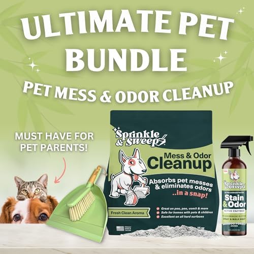 Sprinkle & Sweep: Pet Mess & Odor Cleanup Bundle - 15oz Bag, Dustpan Broom, 24oz Enzyme Stain Spray - Dog Accident Clumping Powder & Spot Treatment