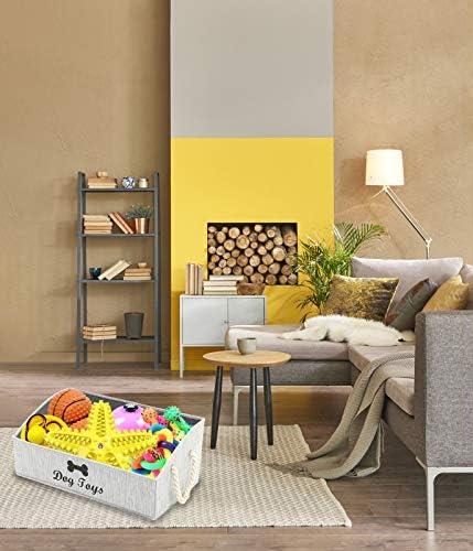 Geyecete Large Dog Toys Storage Bins-Foldable Fabric Trapezoid Organizer Boxes with Weave Rope Handle,Collapsible Basket for Shelves,Dog Apparel(Gray-Dog)