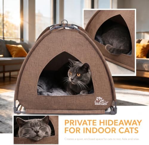 Winsterch Brown Cat Tent Covered Pet House for Indoor Cats Washable Cushion