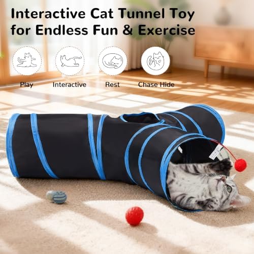 Tempcore Cat Tunnel, 3-Way Collapsible Toy, Large Size Black & Royal Blue