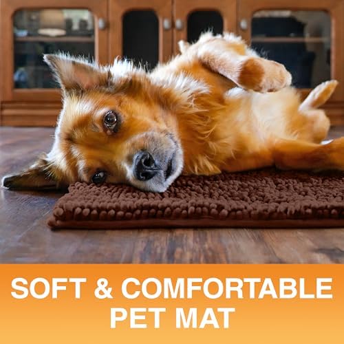 Neater Pets Muddy Paws Dog Door Mat 24” x 17” – Super Absorbent & Quick-Dry Chenille Doormat for Trapping Dirt, Water, Mud - Non-Slip & Machine Washable Pet Rugs for Entryway, Indoor Mud Mats, Brown