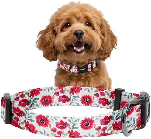 Kazazoo Dog Collar Cute and Soft Nylon Puppy Collar for Boy and Girl Dogs, Adjustable Dog Collars for Small Dogs, Red Flowers-S
