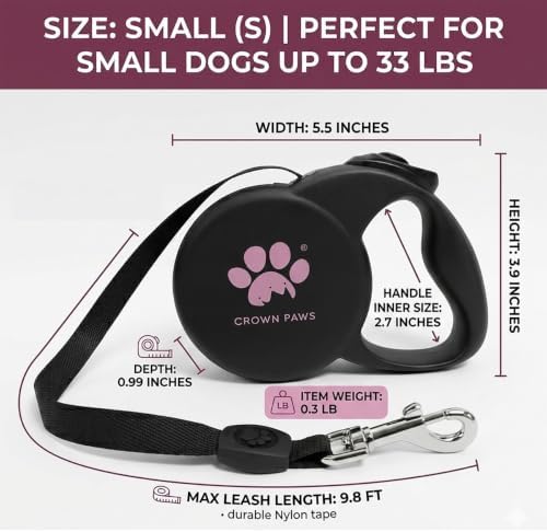 Retractable Dog Leash (Small), 10ft Heavy Duty Nylon Tape for Dogs up to 33 lbs, One-Hand Brake & Lock, Tangle-Free, Compact Lightweight Design, Black S GC-DAN