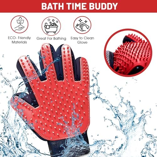 Upgrade Pet Grooming Gloves, Grooming Gloves for Dogs, Cats, Rabbits & Horses with Long and Short Hair, Efficient Pets Hair Remover Mittens - 1 Pair (Red)