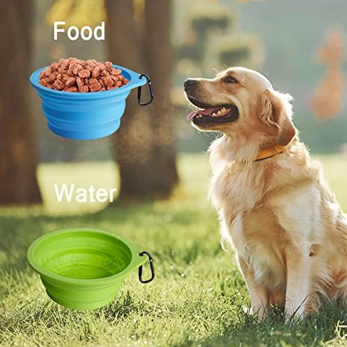 PetBonus 2-Pack Silicone Collapsible Dog Bowls, BPA Free Dishwasher Safe, Portable Foldable Expandable Travel Bowl, Food Water Feeding Cup Dish for Dogs Cats with 2 Carabiners (Light Blue & Green)