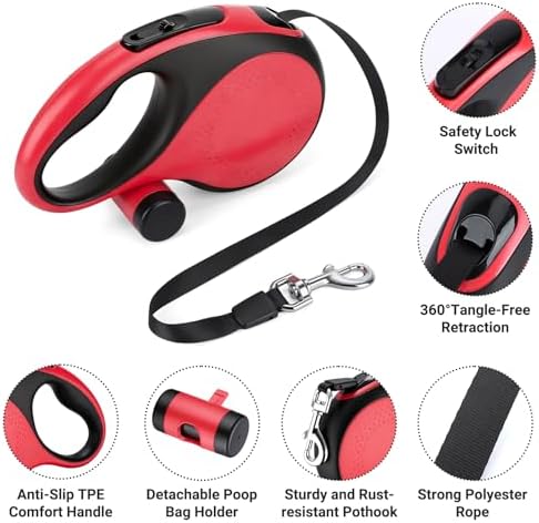 Segarty 26 Ft Walking Lead with Poop Bag Holder for Pet 66 lbs - 110 lbs, 8m Heavy-Duty Retractable Long Leash 360°Tangle-Free with Anti-Slip Handle, One-Handed Brake Pause Lock for Medium Large Dogs