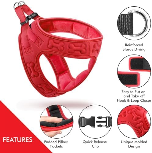 Comfort Fit Dog Harness Step in No Pull Harness for Small Medium Sized Dogs Soft Padded No Escape Harness Adjustable Easy Buckle with Leash Attachment D-Ring Extra Comfort Inside Velvet Plush XS Red