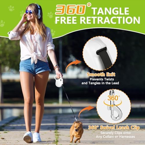 Retractable Dog Leash, 16ft Dog Walking Leash for Small Dogs up to 77lbs, Non-Slip Handle - White