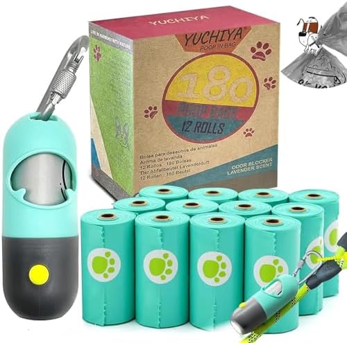 Dog Waste Bags Holder with LED Flashlight Doggie Poop Bags Dispenser with 13 Rolls Leak-Proof Pet Trash Bags Rechargable USB Cable (Mint Green)
