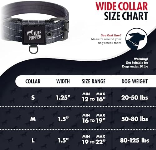 Tuff Pupper Heavy Duty Tactical Dog Collar | 1.25" Wide Ballistic Nylon | Reflective Stitching | Integrated ID Tag Holder | Stainless Steel Buckle | Padded Lining | Small & Medium Dogs (Black, Small)