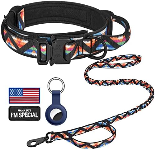 DAGANXI Tactical Dog Collar, Adjustable Military Training Nylon Dog Collar with Control Handle and Heavy Metal Buckle for Medium and Large Dogs, with Patches & Airtags Case (L, Colorful Triangle-Set)