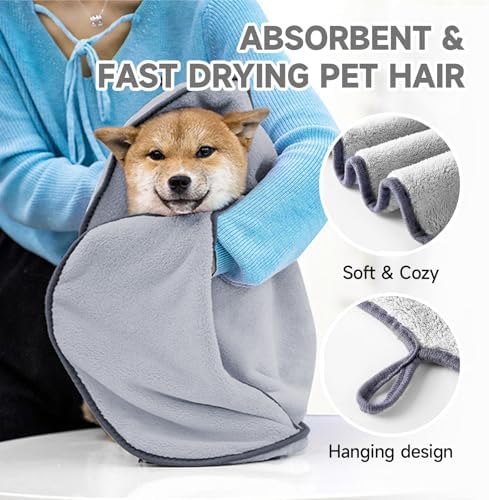 Dog Washing Gloves - Quick Drying Dog Towel,Cat Bath Grooming Gloves Brush with High-Density Teeth for Bathing Massaging，Absorbent Pet Bath Towel 30.3"x13.8" with Hand Pocket for Dog Cat Grey