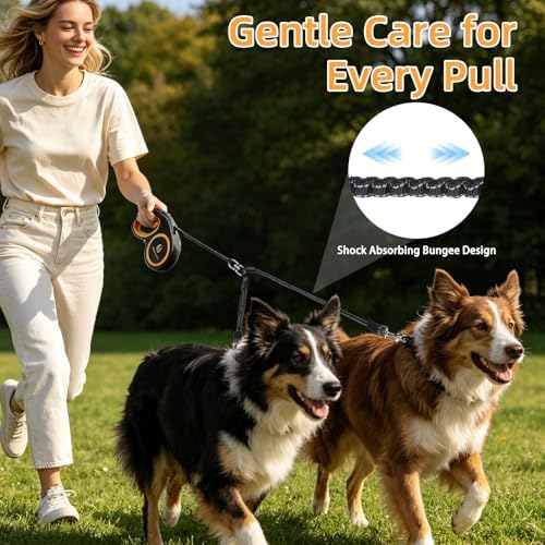 KOOLTAIL Dual Retractable Dog Leash for Two Dogs Up to 110 Lbs, Heavy Duty Double Headed 16 ft Extendable 360° Tangle-Free One Button & Lock Leash Shock Absorbing Bungee for Small Medium Large Dogs