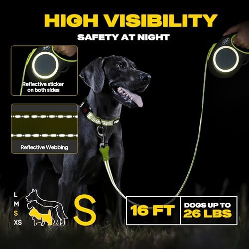 Fida Retractable Dog Leash, Reflective 16ft Heavy Duty Pet Walking Leash for Small/Medium Dog up to 26 lbs, Tangle Free. One-Hand Brake (Small, Neon Yellow)