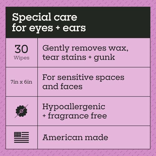 Pet Life Unlimited Dog Eye & Ear Wipes, 30 Count, Hypoallergenic, Fragrance-Free, Plant-Based Cleaning & Grooming Wipes with Aloe & Chamomile, Gently Remove Dirt & Wax, Soothes Skin (Pack of 4)