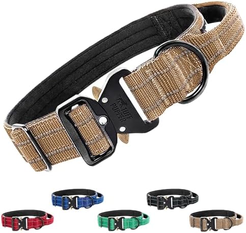 Tuff Pupper Tactical Dog Collar | Heavy Duty 1.5" Wide Ballistic Nylon | Training Control Handle | Quick-Release Metal Buckle | Reflective Bands | ID Tag Holder | Padded Inner Lining (Tan, Large)