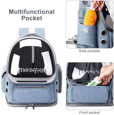Cat Backpack Carrier, Breathable Cat Bubble Backpack Large Space Cat Carrier Backpack for Kitty Small Dog, Foldable Airline Approved Cat Backpack, Transparent Pet Travel Backpack Up to 20 lbs (Blue)