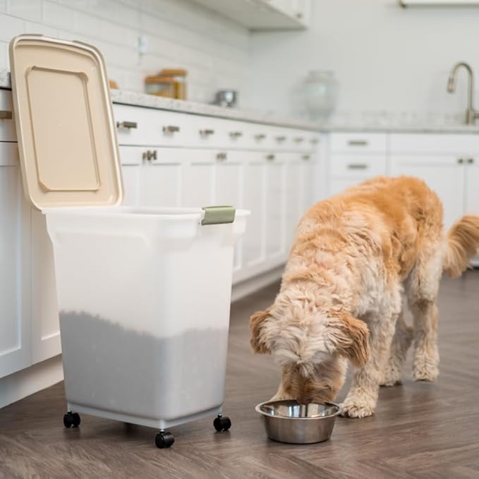 IRIS USA Dog Food Storage Container, Up to 40lbs, Almond/Pearl, Made in USA | Wheels for Mobility, Airtight Seal, BPA-Free, Best for Bird Seed, Cat food, Cat Litter, Chicken Feed, Pellets