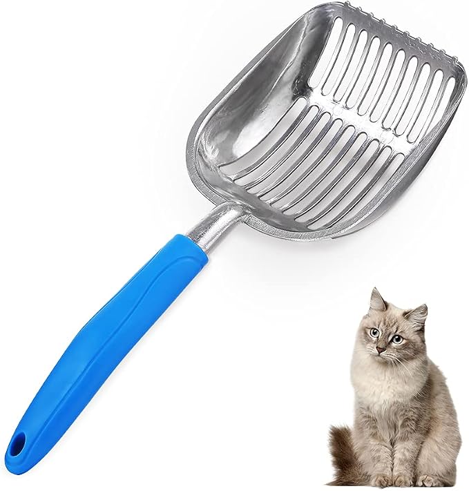 The Latest Update Metal Cat Litter Scoop POLISHING Blue Handle,Aluminum Alloy with TABS/Round Teeth Pet Kitty Litter Scooper