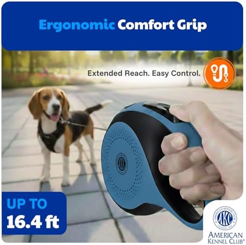 American Kennel Club Retractable Dog Leash, 16.4ft, Tangle-Free, Ergonomic Grip, One-Hand Brake, for Medium & Large Dogs up to 66 lbs, White