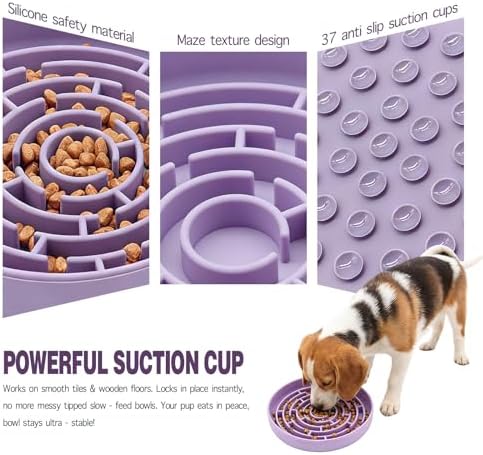 Silicone Slow Feeder Bowl with 37 Non-Slip Suction Cups — Anti-Choking Maze Design, Slows Eating 10x, Anxiety Relief, BPA-Free, for Small & Medium Dogs and Cats (Purple)