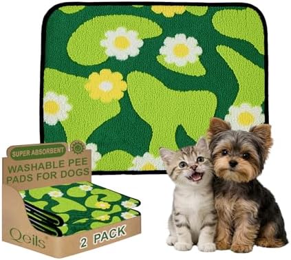 Qeils Reusable Puppy Pads for Small Dogs, Washable Pee Pads with Non-Slip , Absorbent Leakproof Mat for Crates, Playpens, Pet Beds & Whelping, Indoor Potty Training Grass Green, 18"x24", 2 Pack