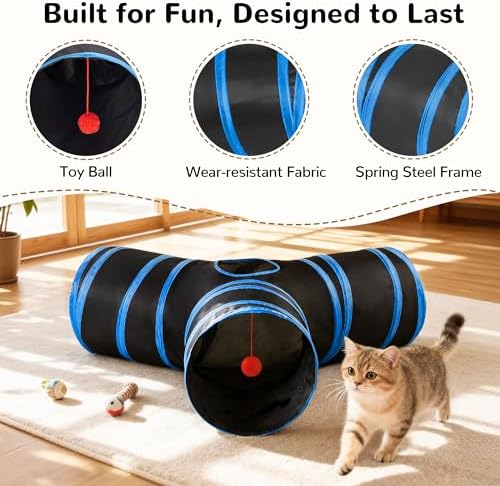 Tempcore Cat Tunnel, 3-Way Collapsible Toy for Indoor Cats, Royal Blue