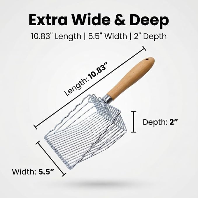2 Pack Metal Cat Litter Scoops, Heavy-Duty Kitty Scooper with Hook, Stainless Steel Kitten Poop Lifter for Litter Box, Speed Sifter with Comfortable Beech Wood Grip | 2 Pack Metal Cat Litter Scoops