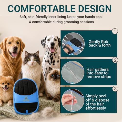 Pet Hair Remover Glove for Dogs & Cats – Reusable Electrostatic Pet Fur Removal Mitt for Couch, Carpet, Clothing & Furniture | Elastic Strap & Hanging Loop (1 Pack) Blue