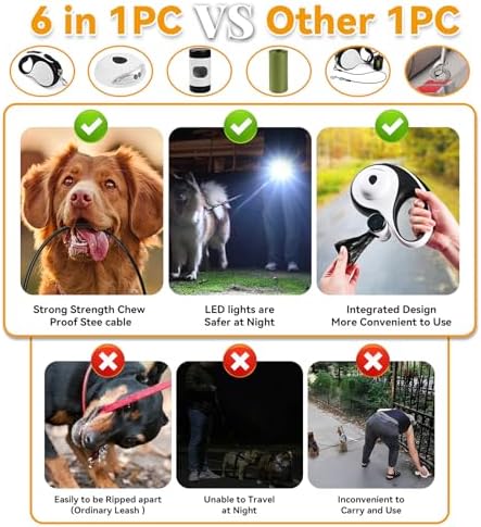 26ft Retractable Dog Leash for Large Dogs Up to 110lbs, LED Light, White