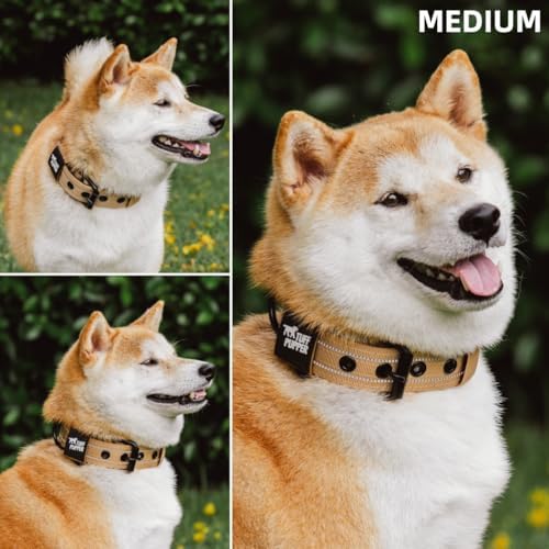 Tuff Pupper Heavy Duty Tactical Dog Collar | 1.5" Wide Ballistic Nylon | Reflective Stitching | Integrated ID Tag Holder | Stainless Steel Buckle | Padded Lining | Medium & Large Dogs (Tan, Medium)