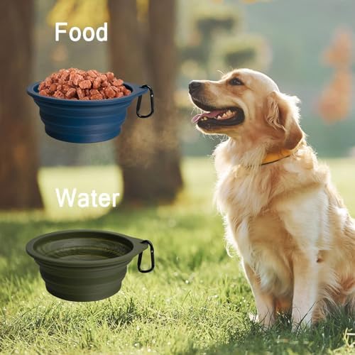 PetBonus 2-Pack Large Silicone Collapsible Dog Bowls, 34oz/1000ml BPA Free Portable Foldable Travel Bowl for Pet Cat, Food Water Feeding Dish for Camping with 2 Carabiners (Army Green, Navy Blue)