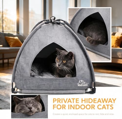 Winsterch Gray Cat Tent Covered Pet House for Indoor Cats, Washable Cushion