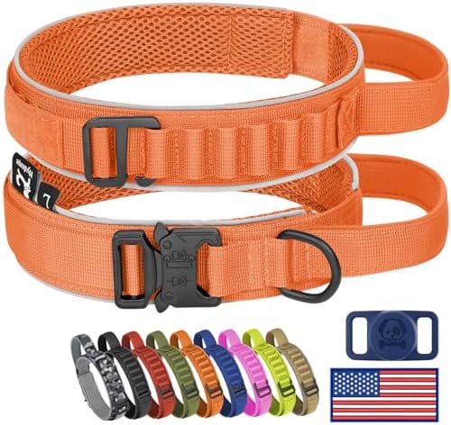 HYDEME Tactical Dog Collar, Alpine Loop Adjustable Military Training Nylon Dog Collars with Handle and Reflective for Small Medium Large Dogs, with Airtags Protective Case & Patches.(M,Orange)