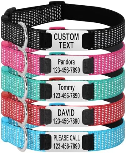 Personalized Reflective Dog Collar, Custom Engraved ID Tag Collar with Name & Phone Number Plate, Soft Neoprene Padded, Adjustable Nylon Collar for Small Medium Large Dogs (Silver ID Tag)