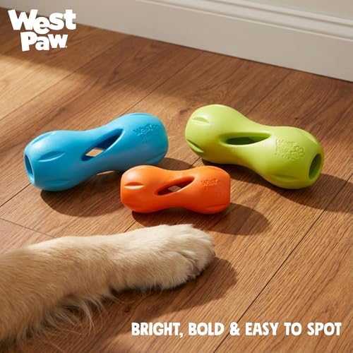 WEST PAW Qwizl Durable Zogoflex Dog Puzzle Toy for Mental Stimulation, and Enrichment - Treat Dispensing for Bully Sticks and Dental Sticks - Dishwasher Safe - Made in USA - Small - Tangerine