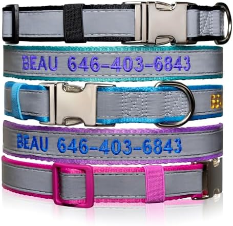 Reflective Personalized Dog Collar - Custom Embroidered Dog Collars with Pet Name and Phone Number for Boy and Girl Dogs, 4 Adjustable Sizes, XSmall,Small, Medium and Large (Metal Buckle)