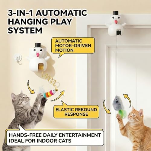 Luxelle Interactive Cat Toy for Indoor Cats, Automatic Hanging Cat Toy with 6.5ft Retractable Elastic Cord, Motion & Laser Play Modes, USB Rechargeable, Wall & Door Mount Toy