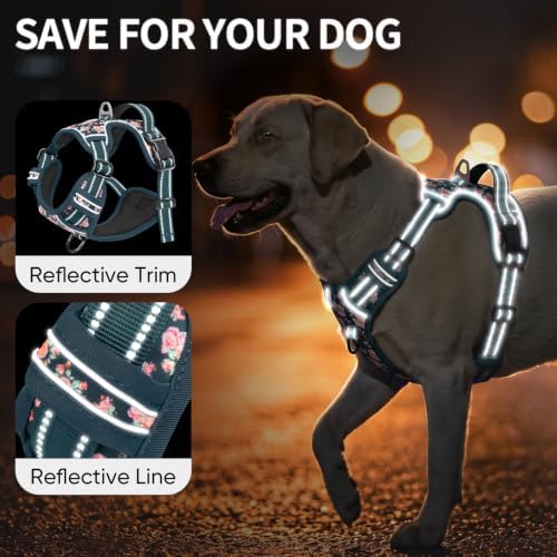 HEELE Dog Harness, Reflective, No Pull No Choke, Flower Blackish Green, XL
