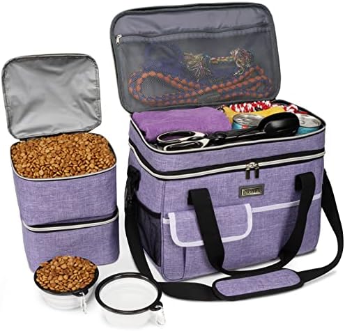 BAGLHER Dog Travel Bag for Supplies - Double-Layer Airline Approved Weekend Pet Travel Organizer Set for Dog and Cat Tote with 2 Pet Food Containers and 2 Collapsible Silicone Bowls Purple