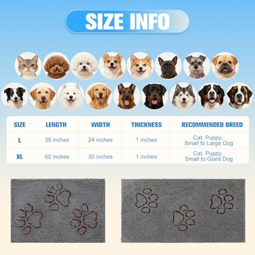 EXPAWLORER Dog Door Mat for Muddy Paws - Highly Absorbent Microfiber Pet Rug, Quick Dry Chenille Dog Runner Rug Indoor Outdoor, Non-Slip Entryway Carpet Washable Mud Mat for Dogs, Grey 36"x24"
