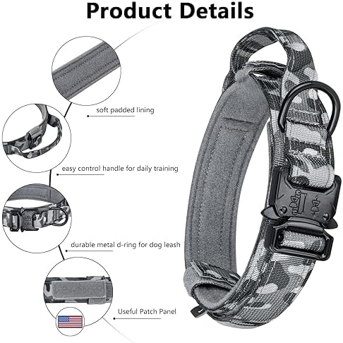 DAGANXI Tactical Dog Collar, Adjustable Military Training Nylon Dog Collar with Control Handle and Heavy Metal Buckle for Medium and Large Dogs, with Patches and Airtags Case (XXL, Camo)